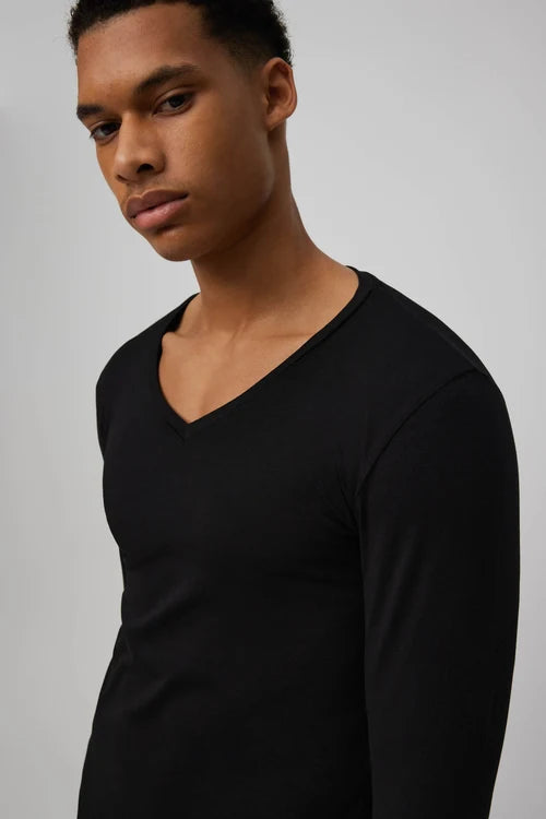 Camiseta interior de algodón para hombre de manga larga y cuello de pico
